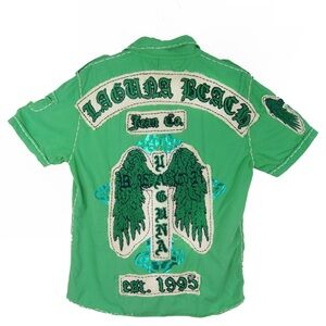 Vintage Y2K Laguna Beach Jeans Green Embroidered Short Sleeve Button Up Top